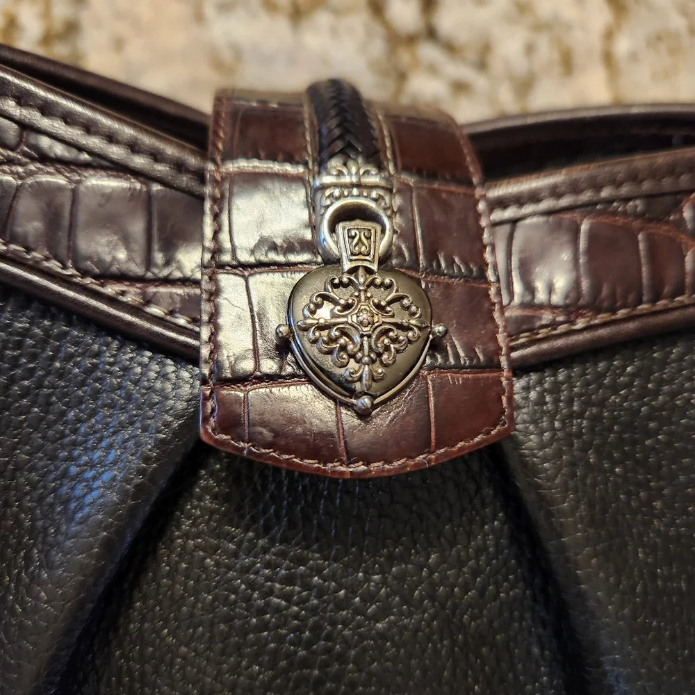 BRIGHTON Purse Vintage black & brown leather shoulder bag w/ Croc pattern, EUC